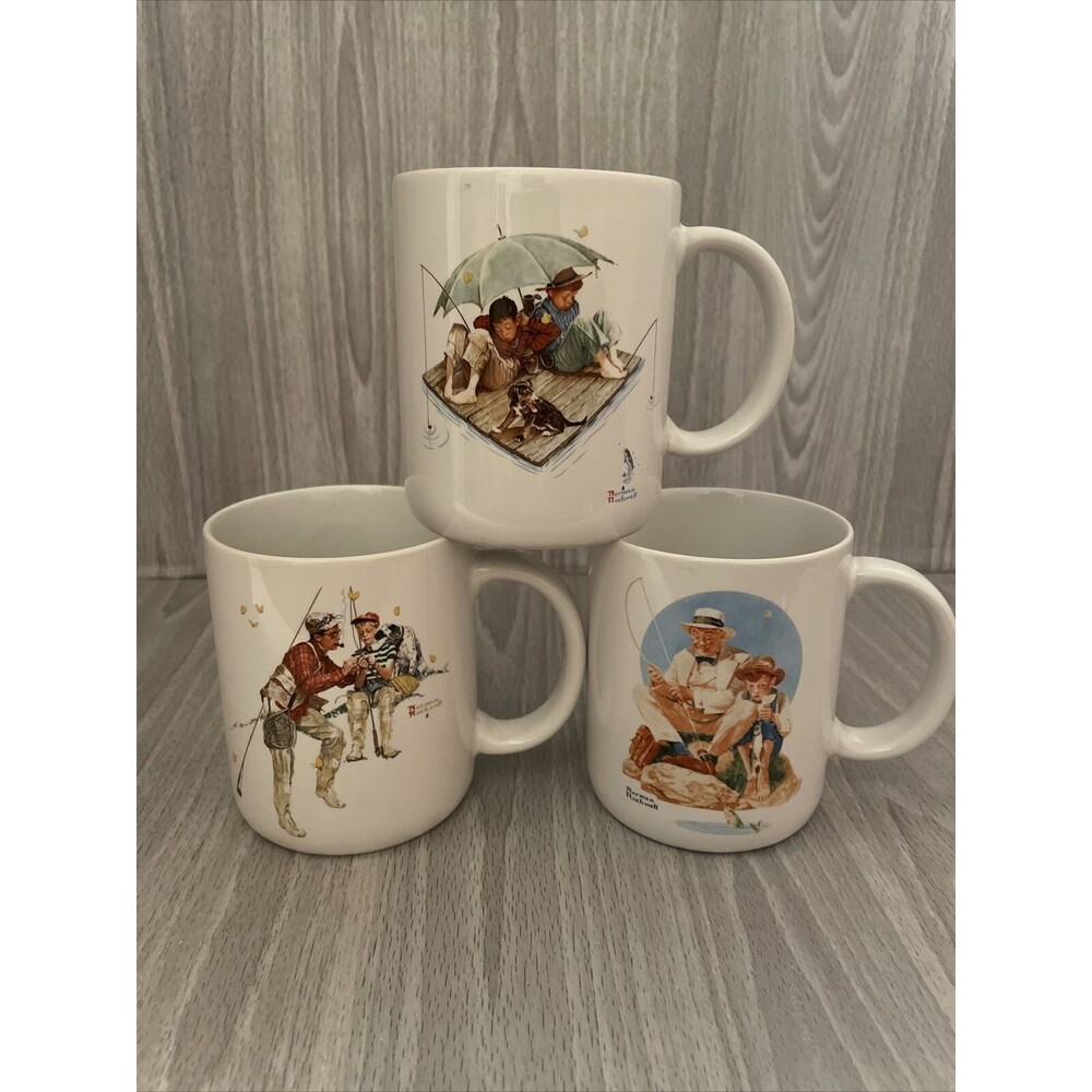 Vtg Norman Rockwell Coffee Mugs Cups Fishing Theme Lot Of 3 Museum Collections